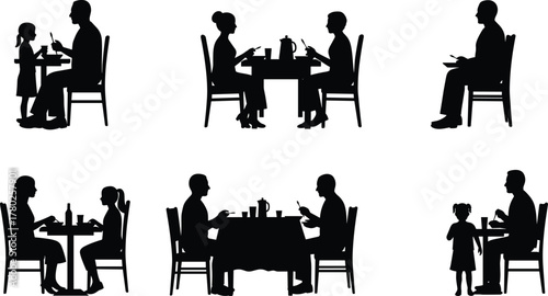 Silhouette people dining, restaurant table conversation, family eating together, friends socializing, couple romantic dinner, child with parent, food and drink, 