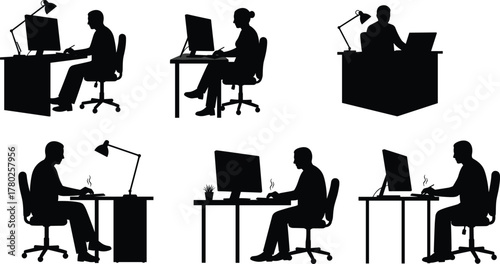 Office workspace silhouettes, ergonomic desk setups, computer workstations, digital productivity, modern chairs, lamps, plants, coffee mugs, diverse postures, remote work
