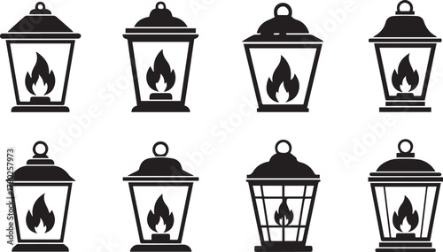 Set of Eight Vintage Lantern Icons with Flames lamp