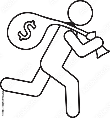 Stick figure running with money bag dollar sign theft