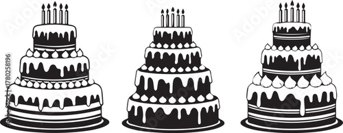 Three Black And White Tiered Cakes With Candles birthday