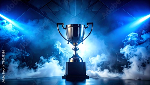 A shiny silver trophy, lit dramatically by blue spotlights, sits on a black base amid billowing smoke against a dark background