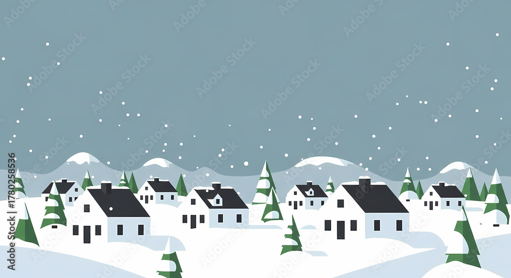 Fototapeta premium Snowy winter village landscape with houses and pine trees in background 