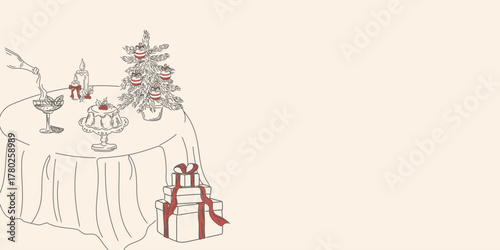 A minimalist poster featuring a festive Christmas table setting with gifts and a tree.An illustration of a table set with food,drinks,and candles.A hand-drawn New Years invitation with doodle elements