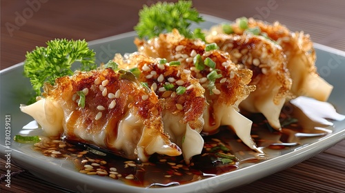 Crispy Gyoza Dumplings Served on Plate with Garnish and Soy Sauce Drizzle for Appetizing Asian Cuisine Photography