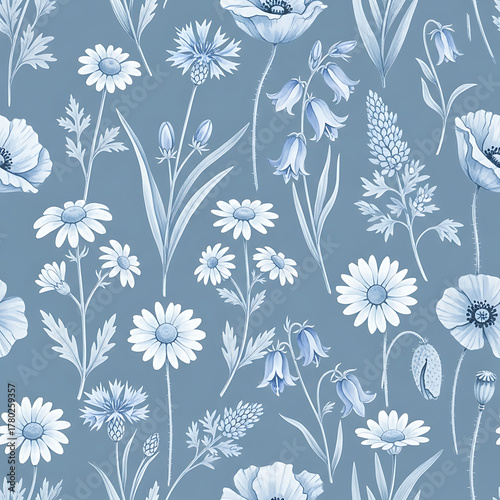 Watercolor floral pattern of hand-painted wildflowers and sprawling leaves tied with a sheer ribbon on a bright white silk background, created for wallpaper and fabric, illuminated with diffused	