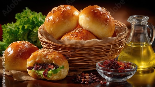 Freshly Baked Sesame Rolls with Greens and Dried Fruits on a Rustic Table Setting