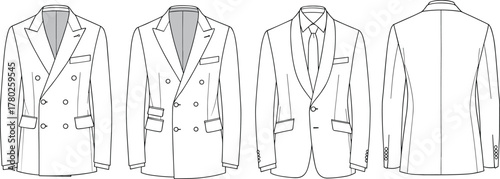 Men’s blazer cad flat vector illustration showing double-breasted and single-breasted suit jackets front and back technical fashion sketch.