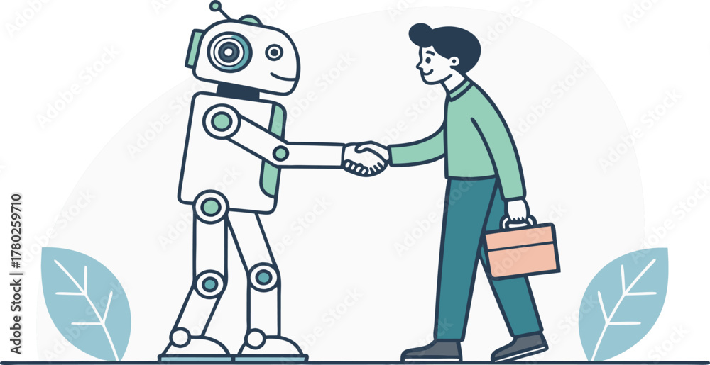 Fototapeta premium Professional handshake between a man and a friendly robot symbolizes futuristic partnership and technological integration