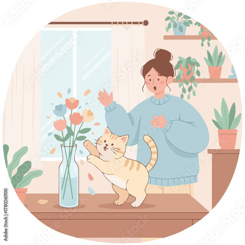 Cat Causing Mischief

Flat vector art showing a curious cat knocking over a flower vase while the owner looks surprised, bright home interior, pastel palette, playful composition, clean minimal shapes