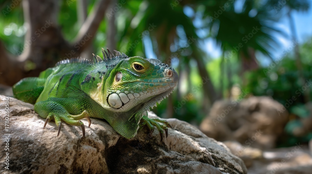 Fototapeta premium Close-up of a Vibrant Green Iguana Resting on a Rock Surrounded by Lush Tropical Foliage and Soft Natural Light