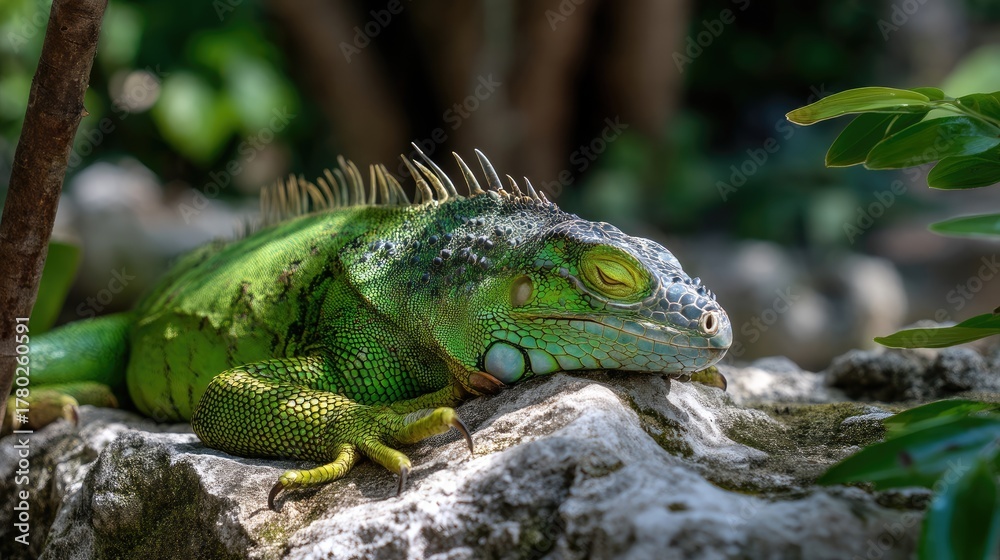 Fototapeta premium Vibrant Green Iguana Relaxing on a Rock in a Lush Tropical Environment with Soft Natural Light