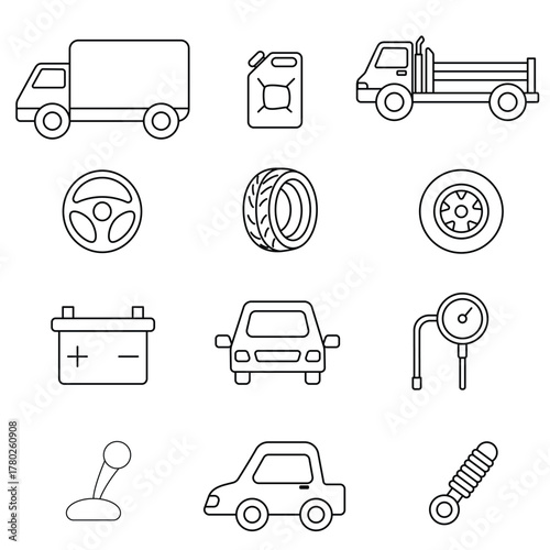 A comprehensive vector icon collection depicting essential elements of the automotive industry. 