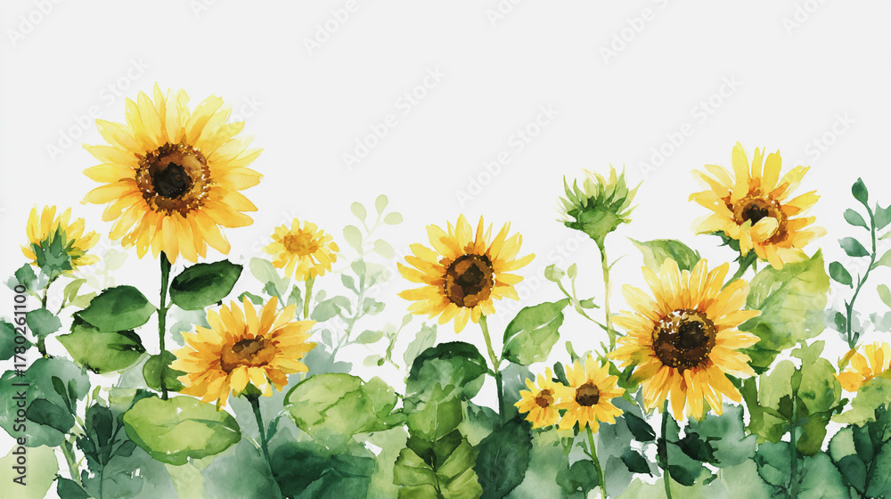 Obraz premium Elegant wedding invitation card white background . Minimal hand painted watercolor Sunflowers texture template background. Design for wedding, vip cover, poster, rsvp modern card.Valentine's Day