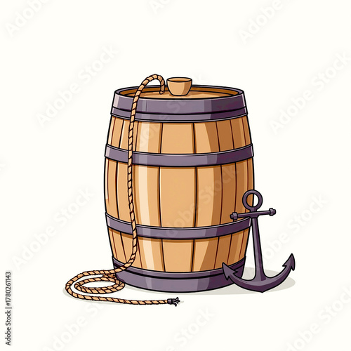 Pirate's treasure or a sailor's ration? A classic cartoon illustration of a wooden barrel, complete with a length of rope and a sturdy nautical anchor