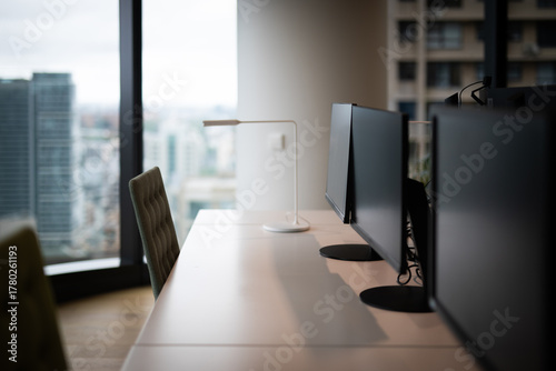 Modern Office Desk with Urban City View