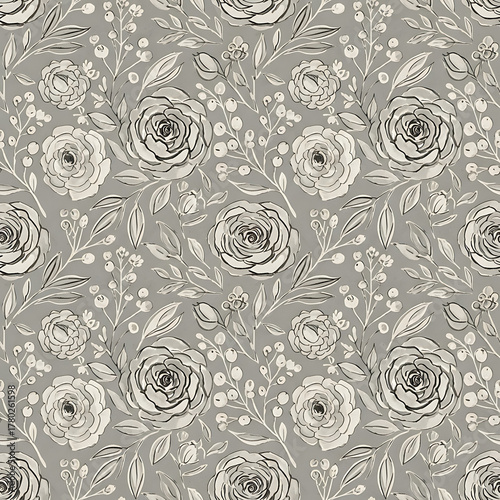 Watercolor floral pattern of hand-painted wildflowers and sprawling leaves tied with a sheer ribbon on a bright white silk background, created for wallpaper and fabric, illuminated with diffused	