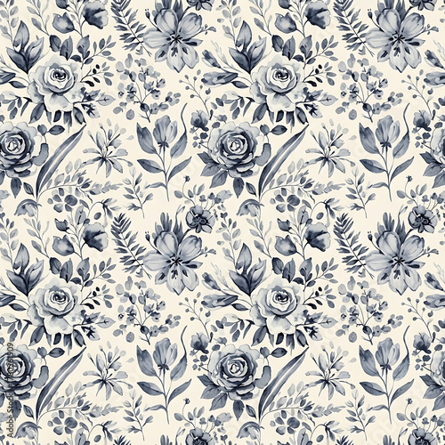 Watercolor floral pattern of hand-painted wildflowers and sprawling leaves tied with a sheer ribbon on a bright white silk background, created for wallpaper and fabric, illuminated with diffused	