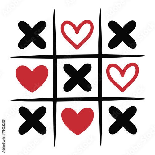 Valentine's Day Tic-Tac-Toe Game with Hearts and X's, Love Themed Noughts and Crosses Graphic, Hand-Drawn Heart and X Game Board Illustration, vector, illustration, valentine.