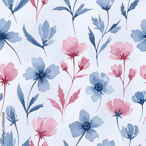 Watercolor floral pattern of hand-painted wildflowers and sprawling leaves tied with a sheer ribbon on a bright white silk background, created for wallpaper and fabric, illuminated with diffused	