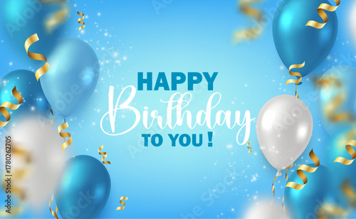 3d realistic vector illustration. Celebration Happy birthday boy banner with blue balloons and gold confetti ribbon. 