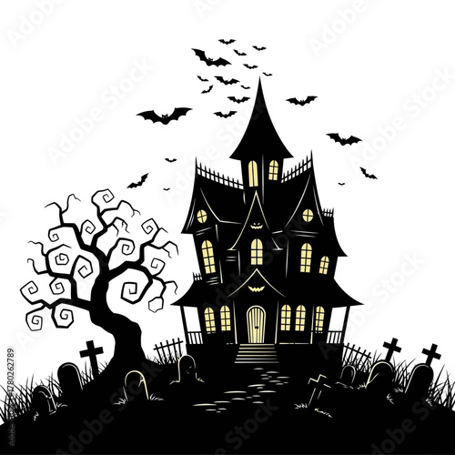 "Haunted House Clipart – Spooky Halloween Gothic Mansion Illustration"