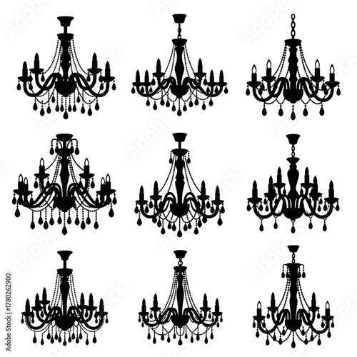 "Chandelier Silhouette Clipart Set – Elegant Hanging Light Vector Designs"