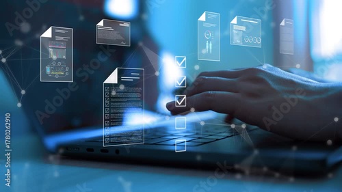Futuristic digital document management concept showing a hand working on a laptop with virtual electronic files and checklists. Ideal for illustrating modern data processing, paperless workflow,