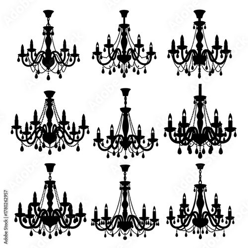 "Chandelier Silhouette Clipart Set – Elegant Hanging Light Vector Designs"