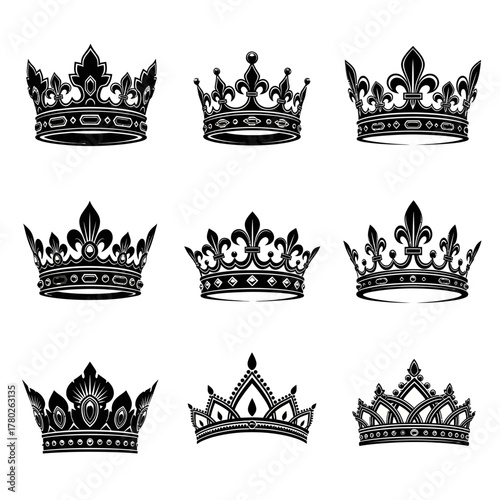 "Royal Crown Clipart Collection – Black and White King & Queen Tiara Icons"