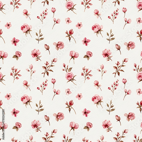 Watercolor floral pattern of hand-painted wildflowers and sprawling leaves tied with a sheer ribbon on a bright white silk background, created for wallpaper and fabric, illuminated with diffused	