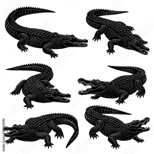 "Alligator Silhouette Clipart Set – Black Crocodile Vector Illustrations"