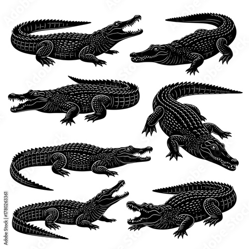 "Alligator Silhouette Clipart Set – Black Crocodile Vector Illustrations"