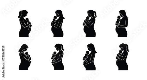 Silhouettes of pregnant women holding babies in various stages of growth