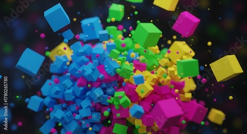 Vibrant cubes explode in a colorful abstract burst