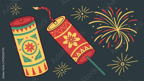 Vibrant display of traditional Indian fire crackers such as chakris, anar, rockets, and phooljhadis arranged beautifully on a colorful festive background with glowing diyas and sparkling lights