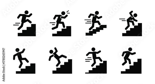Stick figures illustrate multiple stages of people running up stairs