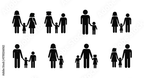 Diverse family structures illustrated with simple black silhouettes of people