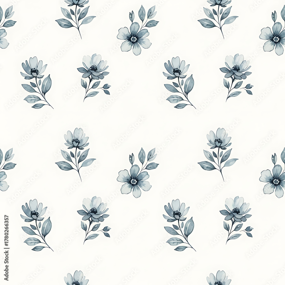 Fototapeta premium Watercolor floral pattern of hand-painted wildflowers and sprawling leaves tied with a sheer ribbon on a bright white silk background, created for wallpaper and fabric, illuminated with diffused 