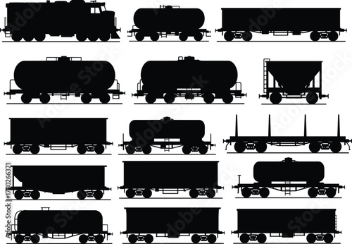 Black silhouette set of freight trains, tank wagons, and locomotives vector illustration for industrial railway transport, cargo shipping, and logistics engineering design