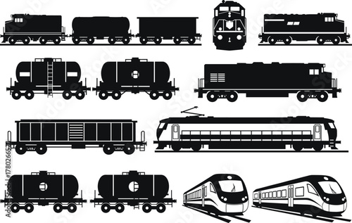 Diesel locomotives, freight wagons, tank cars, and modern high speed trains vector illustration, detailed silhouette collection showing evolution of railway transport design