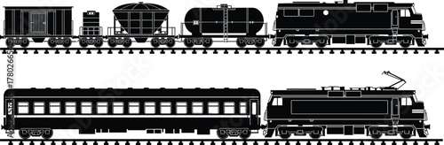 Electric and diesel locomotive vector illustration, modern passenger and freight train silhouette design showing cargo wagons and railway transport vehicles on rail tracks