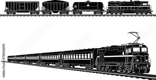 Electric passenger train and diesel freight locomotive silhouette vector illustration, modern railway transportation design showing cargo wagons and commuter train on tracks