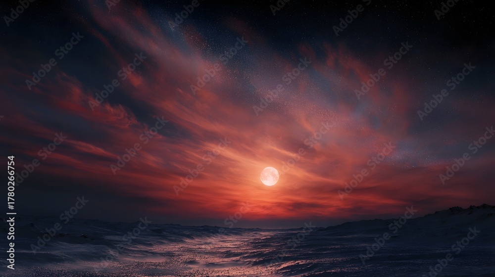 Fototapeta premium A dramatic crimson sunset illuminates swirling clouds in the twilight sky with a bright moon shining over a dark tranquil sea or landscape