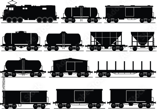 Set of detailed black silhouette locomotives and freight wagons vector illustration for industrial railway transport, cargo shipping, and logistics design projects