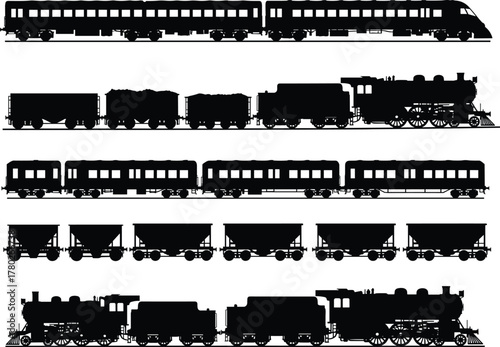 Set of steam and modern train silhouette vector illustration, featuring passenger coaches, freight wagons, and cargo transport design for railway industry