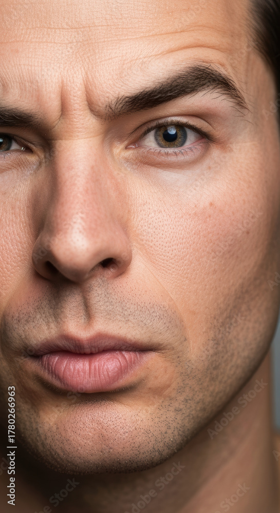Fototapeta premium Confident young man with intense blue eyes and subtle stubble gazing forward, displaying determination and focus in close up portrait