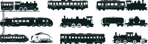 Vintage and modern train silhouette vector illustration, railway transportation collection design, steam locomotive, high-speed train, cargo tanker, metro coach icon set