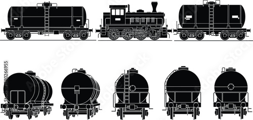 Vintage fuel tank train vector illustration, black silhouette of steam locomotive with oil wagons, industrial cargo transport design for railway freight collection