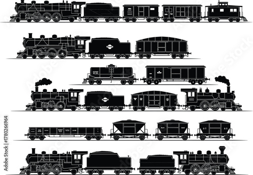 Vintage oil tank train vector illustration, black silhouette of steam locomotive with fuel wagons, industrial railway cargo transport design for retro collection